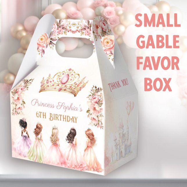 Princess Crown Pink Gold Floral Girl Birthday Favor Boxes (Small gable favor boxes. You can choose from 3 sizes of these gable favor boxes.)