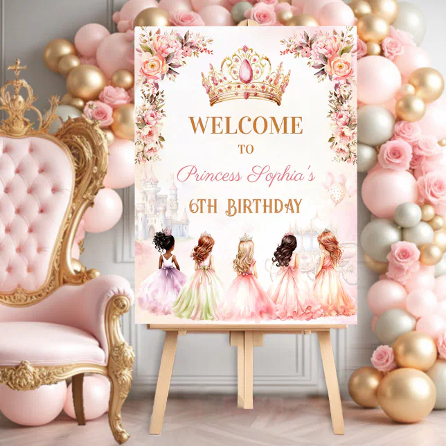 Princess Crown Pink Gold Floral Girl Birthday Foam Board | Zazzle