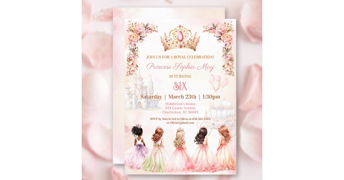 Princess Crown Pink Gold Floral Girl Birthday Invitation | Zazzle