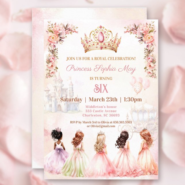 Princess Crown Pink Gold Floral Girl Birthday Invitation (Princess Crown Pink Gold Floral Girl Birthday Invitation)