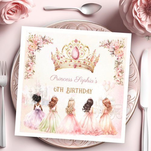 Princess Crown Pink Gold Floral Girl Birthday Napkins