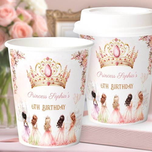 Princess Crown Pink Gold Floral Girl Birthday Paper Cups