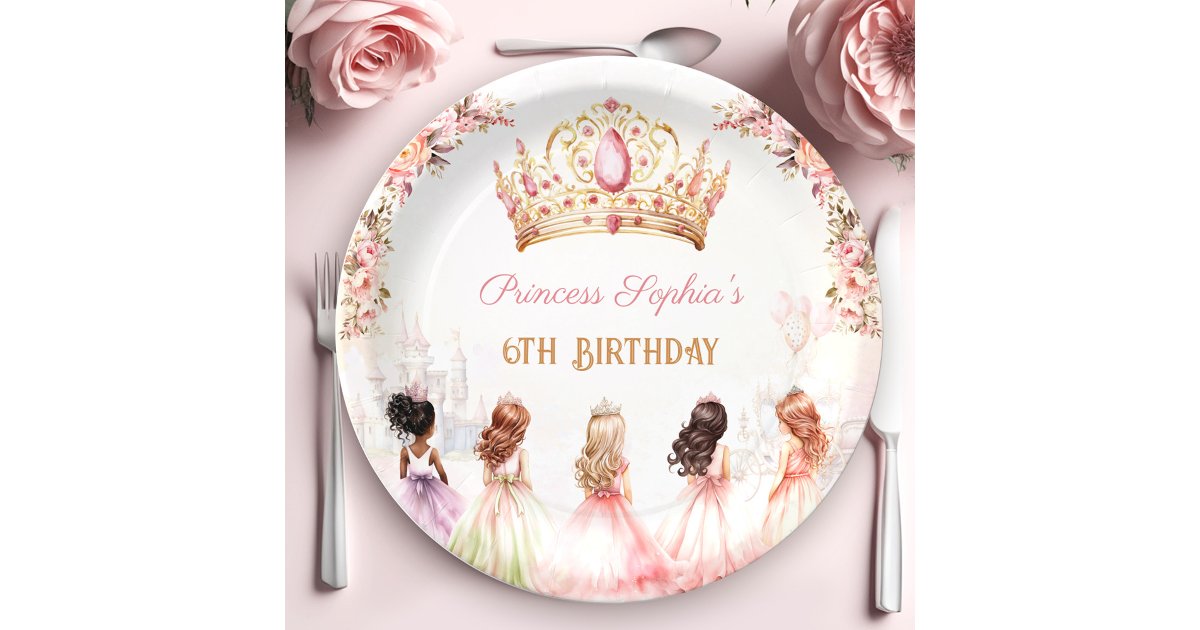 Princess Crown Pink Gold Floral Girl Birthday Paper Plates | Zazzle