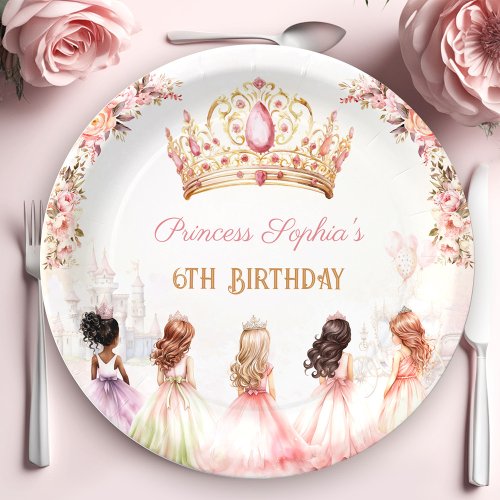 Princess Crown Pink Gold Floral Girl Birthday Paper Plates