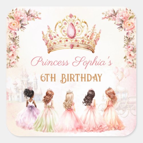 Princess Crown Pink Gold Floral Girl Birthday Square Sticker