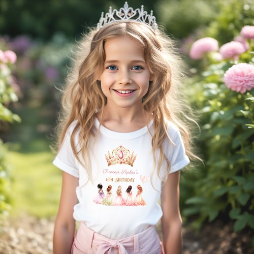 Princess Crown Pink Gold Floral Girl Birthday T_Shirt