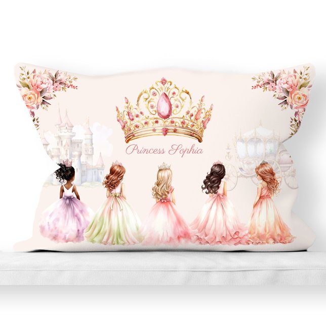 Princess Crown Pink Gold Floral Girl Name Lumbar Pillow (Princess Crown Pink Gold Floral Girl Name Lumbar Pillow)