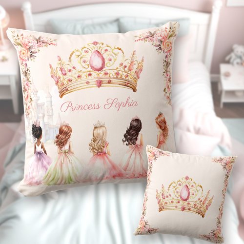 Princess Crown Pink Gold Floral Girl Name Throw Pillow