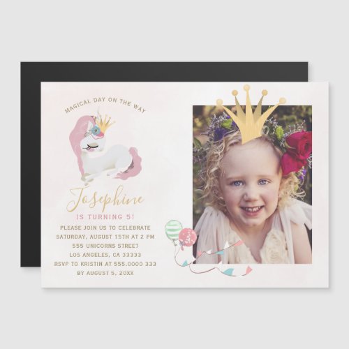 Princess crown pink gold girl photo birthday party magnetic invitation