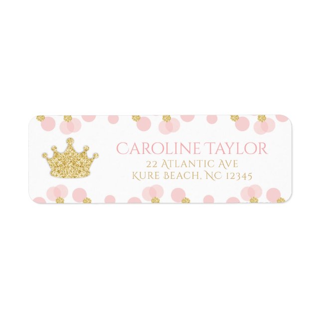 Princess Crown Pink Gold Glitter Dots Address Label (Front)