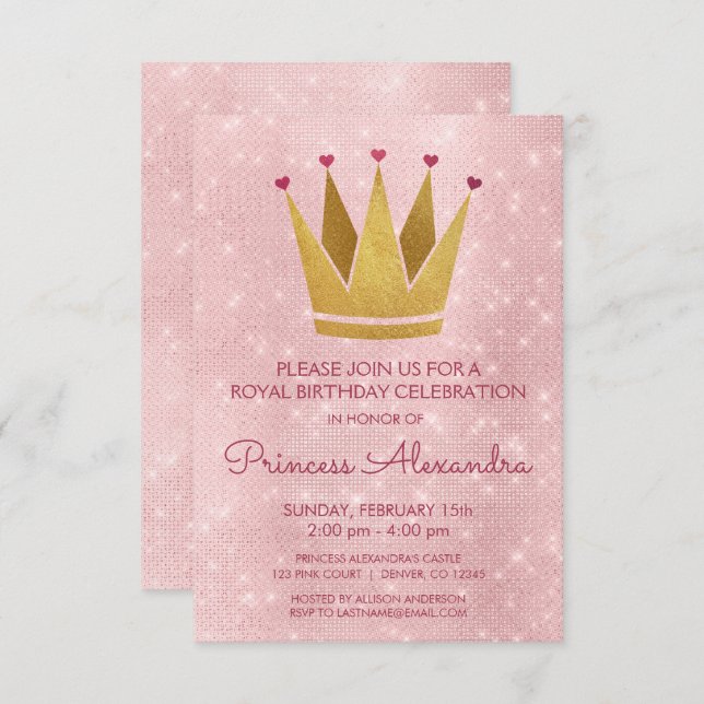 Princess Crown Pink - Rose Gold Birthday Invitation (Front/Back)