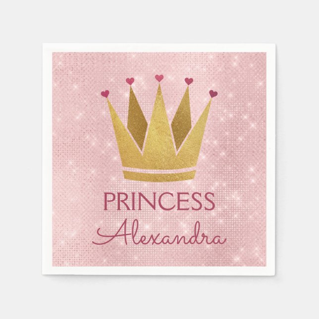 Princess Crown Rose Gold Blush Pink Sparkle Paper Napkins (Front)