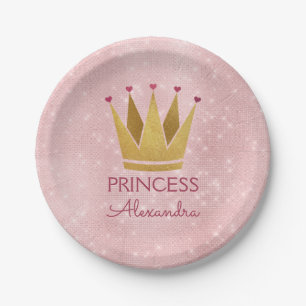 Princess Crown Rose Gold Blush Pink Sparkle Paper Plates