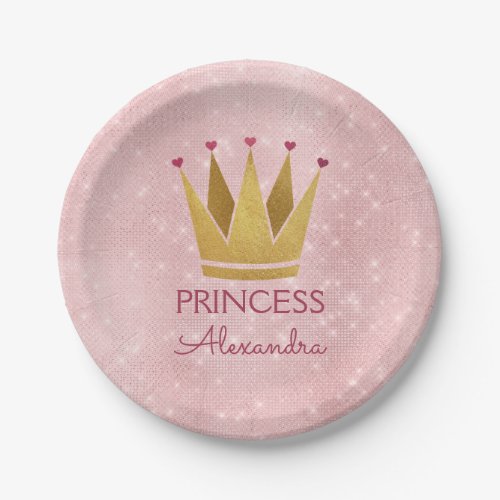 Princess Crown Rose Gold Blush Pink Sparkle Paper Plates