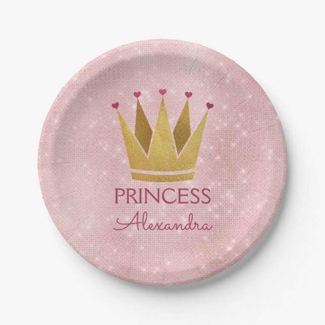 Princess Crown Rose Gold Blush Pink Sparkle Paper Plates (Front)