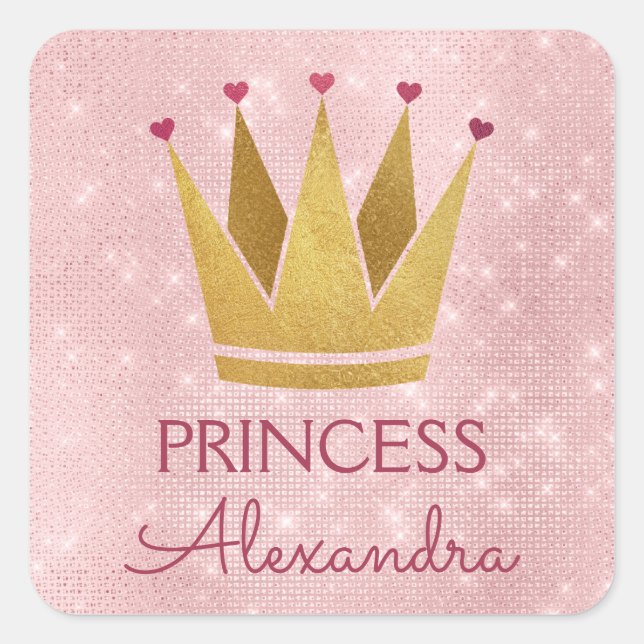 Princess Crown Rose Gold Blush Pink Sparkle Square Sticker (Front)