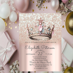Princess Crown Rose Gold Bokeh 18th Birthday Invitation