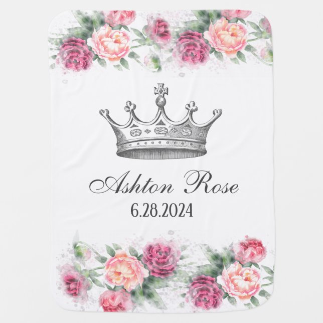 Princess Crown Roses Personalized Baby Blanket (Front)