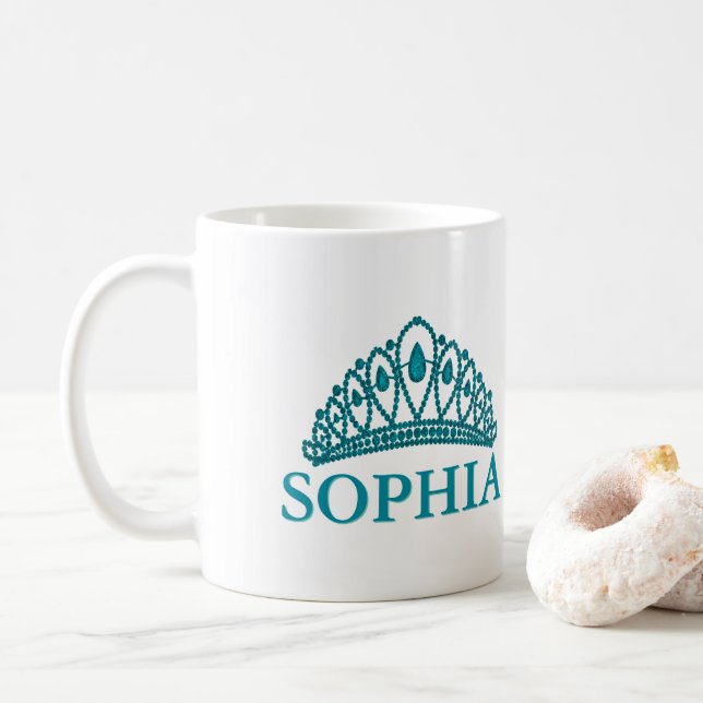 Princess Crown Teal Monogram Name Tiara Coffee Mug (With Donut)