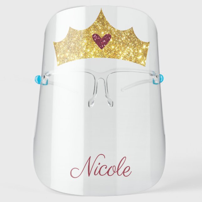Princess Crown Tiara Gold Glitter Add your name Face Shield (Front)