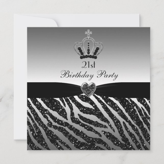 Princess Crown Zebra Glitter 21st Birthday Invitation (Front)