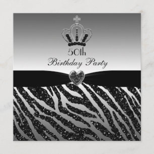 Princess Crown Zebra Glitter 50th Birthday Invitation