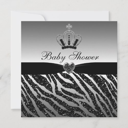 Princess Crown &amp; Zebra Glitter Baby Shower Personalized Invite