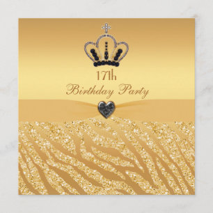 Princess Crown & Zebra Glitter Print 17th Birthday Invitation