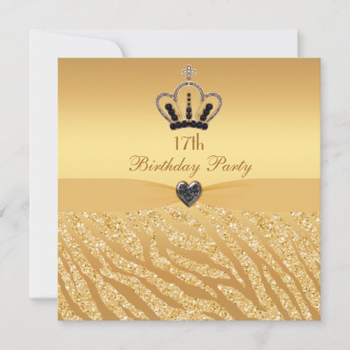 Princess Crown  Zebra Glitter Print 17th Birthday Invitation