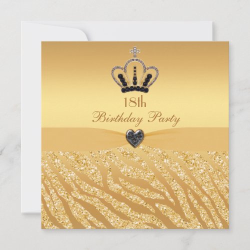 Princess Crown  Zebra Glitter Print 18th Birthday Invitation