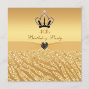 Princess Crown & Zebra Glitter Print 40th Birthday Invitation