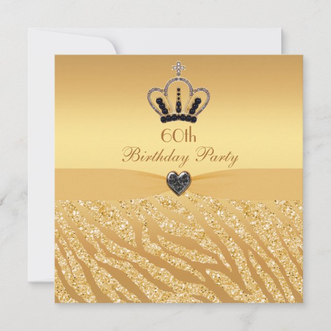 Princess Crown & Zebra Glitter Print 60th Birthday Invitation (Front)