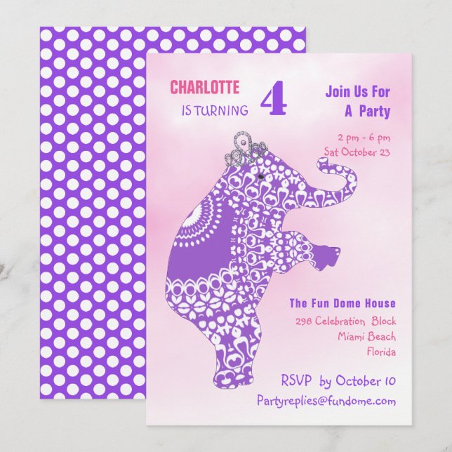 Princess Cute Elephant Girls Birthday Party Invitation (Front/Back)