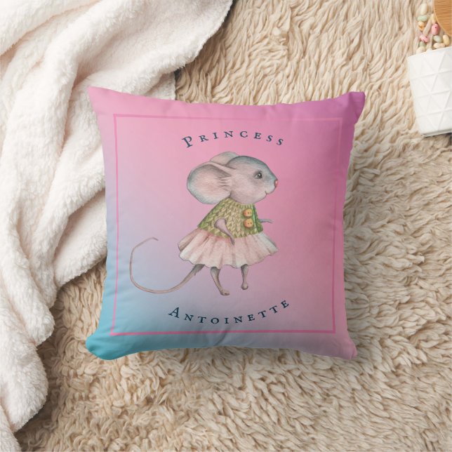  Princess Cute Girly Mouse Pink Blue Personalize Throw Pillow (Blanket)