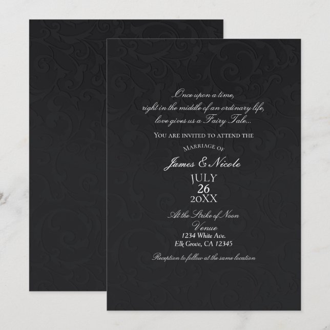 Princess Damask Black Elegant Storybook Wedding Invitation (Front/Back)