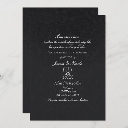 Princess Damask Black Elegant Storybook Wedding Invitation