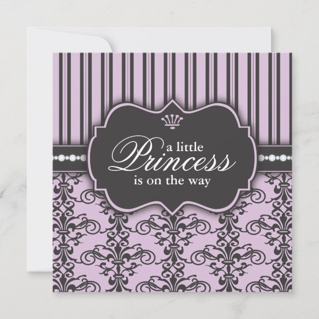 Princess Damask & Stripe Black Purple Baby Shower Invitation (Front)