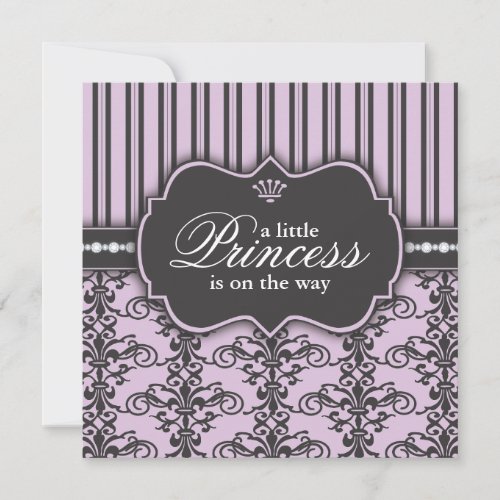 Princess Damask &amp; Stripe Black Purple Baby Shower Custom Announcement