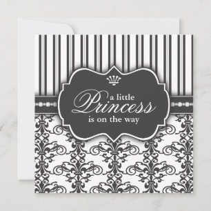 Princess Damask & Stripe Black & White Baby Shower Invitation
