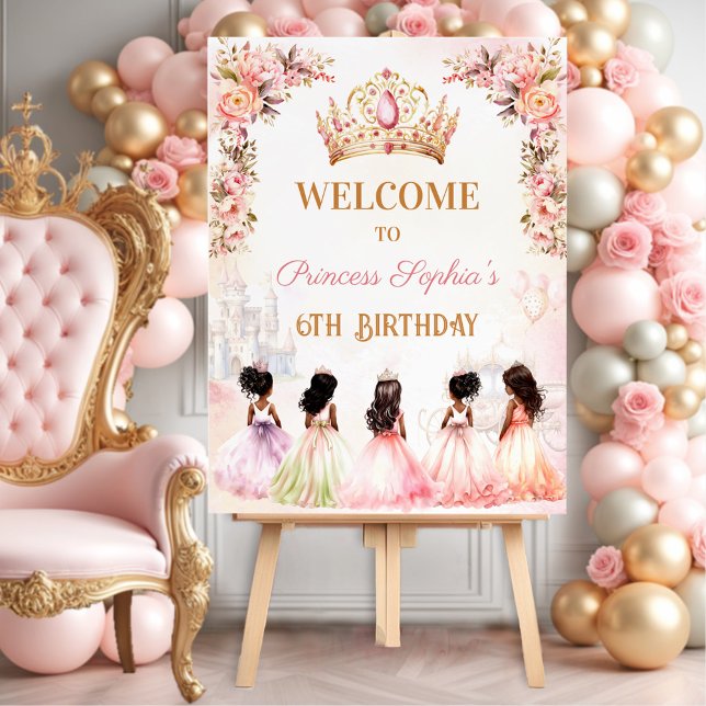 Princess Dark Skin Crown Pink Gold Floral Welcome Foam Board (Princess Dark Skin Crown Pink Gold Floral Welcome Foam Board)