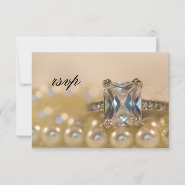 Princess Diamond Ring and Pearls Wedding RSVP Card (Front)