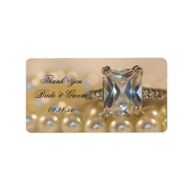 Princess Diamond Ring and Pearls Wedding Thank You Label (Front)