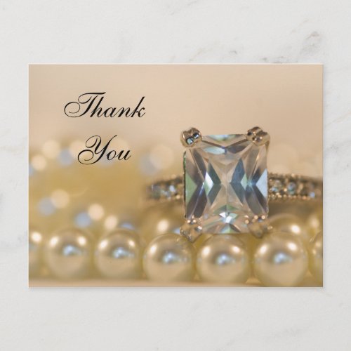 Princess Diamond Ring and Pearls Wedding Thank You Postcard