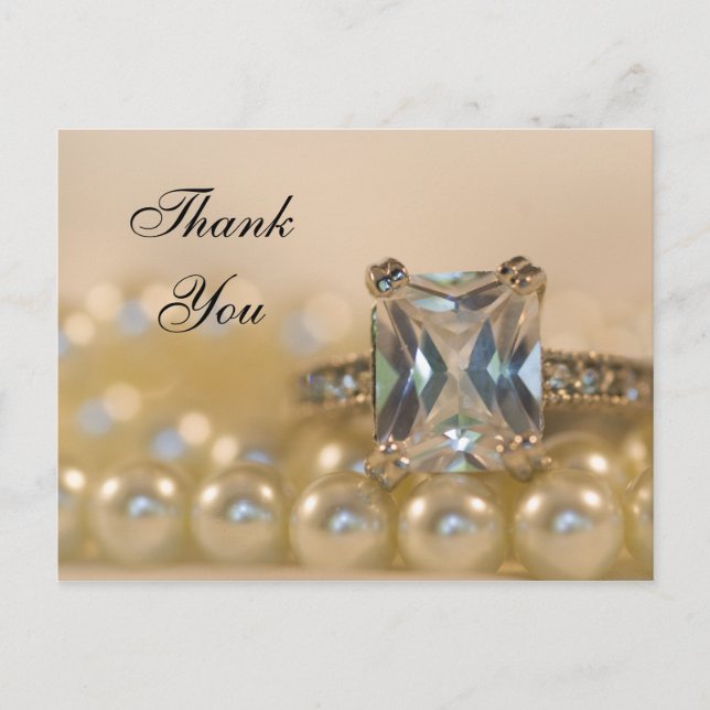 Princess Diamond Ring and Pearls Wedding Thank You Postcard (Front)