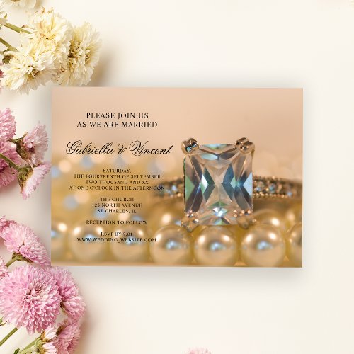 Princess Diamond Ring and White Pearls Wedding Invitation