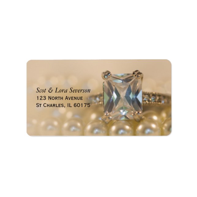 Princess Diamond Ring and White Pearls Wedding Label (Front)