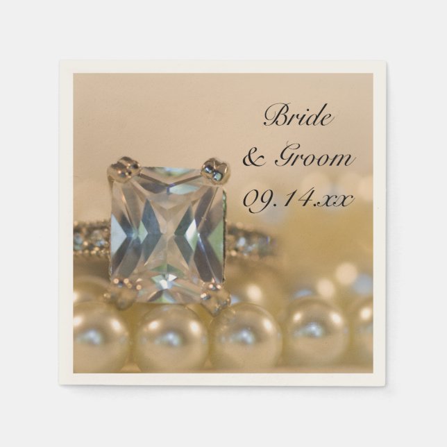 Princess Diamond Ring and White Pearls Wedding Napkins (Front)