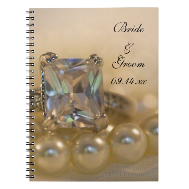 Princess Diamond Ring and White Pearls Wedding Notebook (Front)