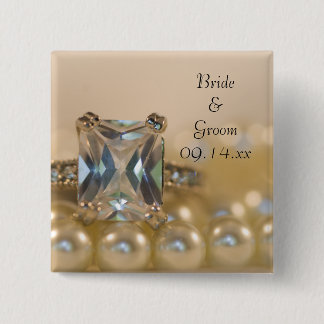 Princess Diamond Ring and White Pearls Wedding Pinback Button