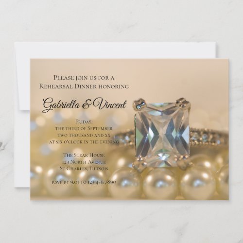 Princess Diamond Ring Pearls Rehearsal Dinner Invitation
